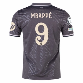 adidas Real Madrid Kylian Mbappe Third Jersey w/ Champions League Patches   HP Sponsor 24/25 (Charcoal)