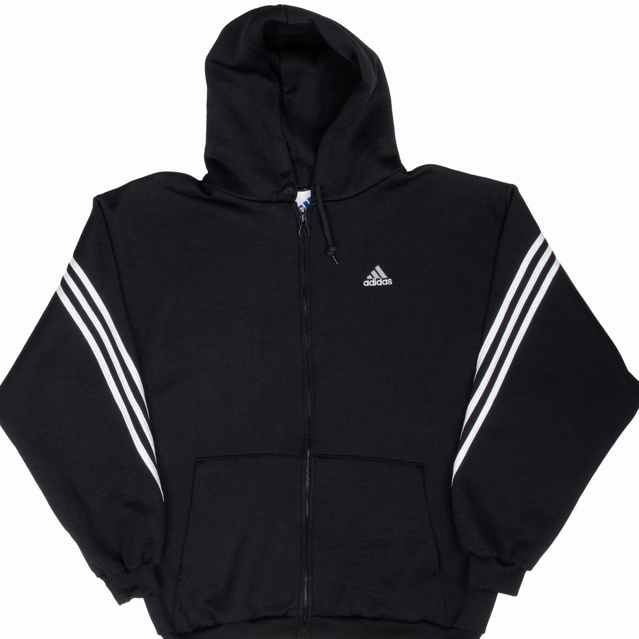 VINTAGE ADIDAS BLACK HOODED TRACK JACKET 1990S SMALL MADE IN USA