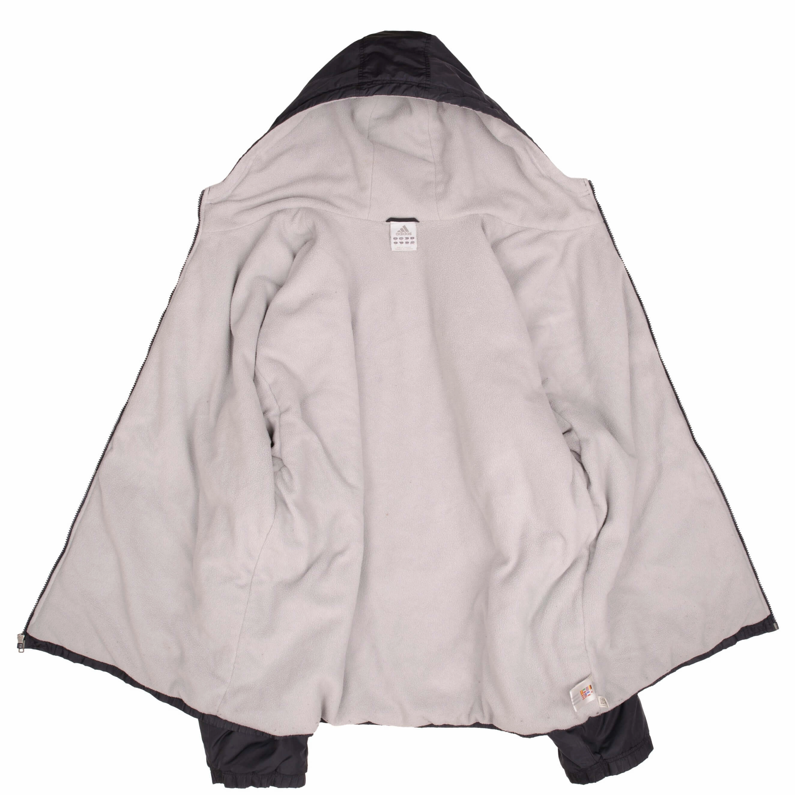 VINTAGE ADIDAS DARK GREY NYLON HEAVY WINDBREAKER HOODED JACKET 2000S SIZE XL