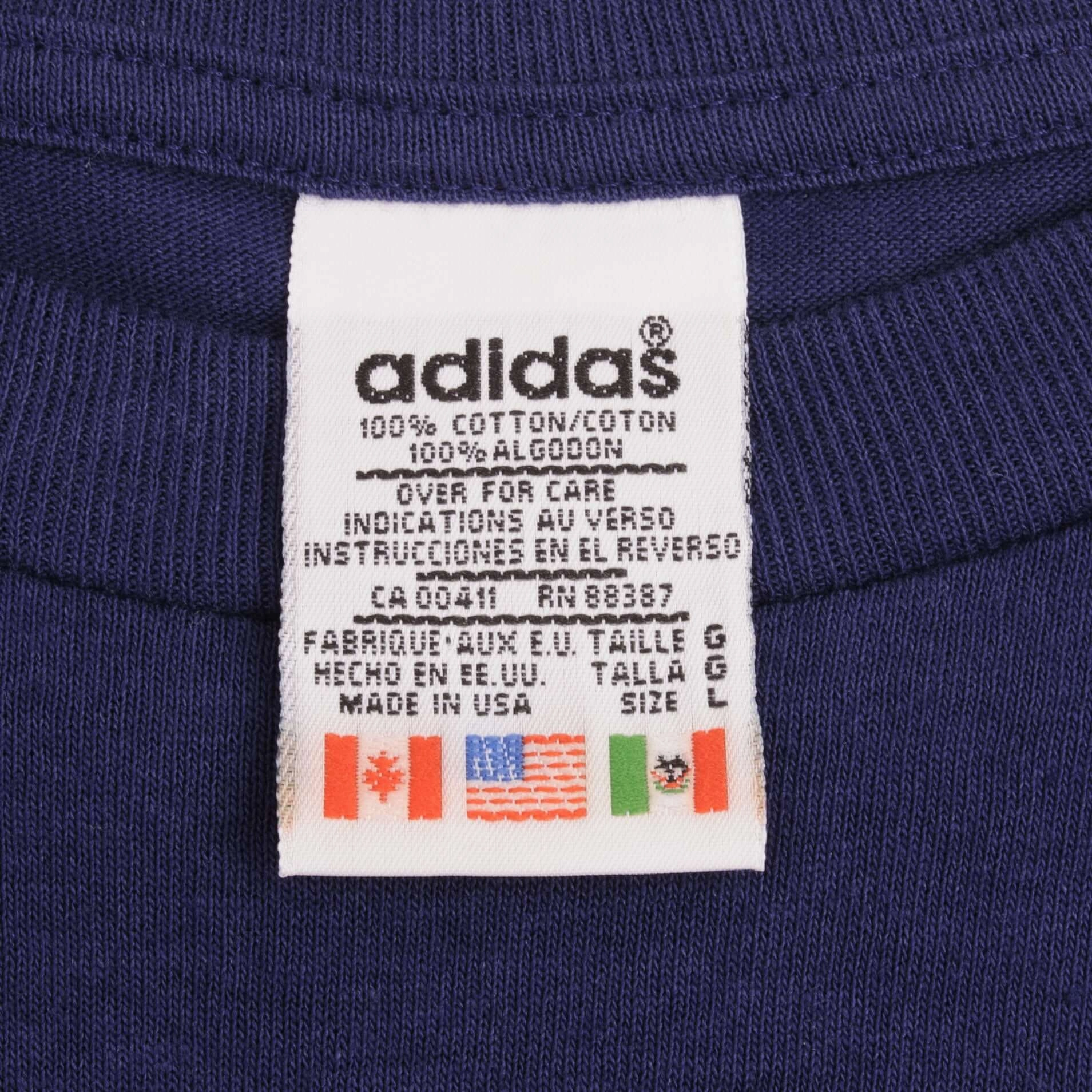 VINTAGE ADIDAS SPELLOUT 1990S NAVY BLUE TEE SHIRT SIZE LARGE MADE IN USA